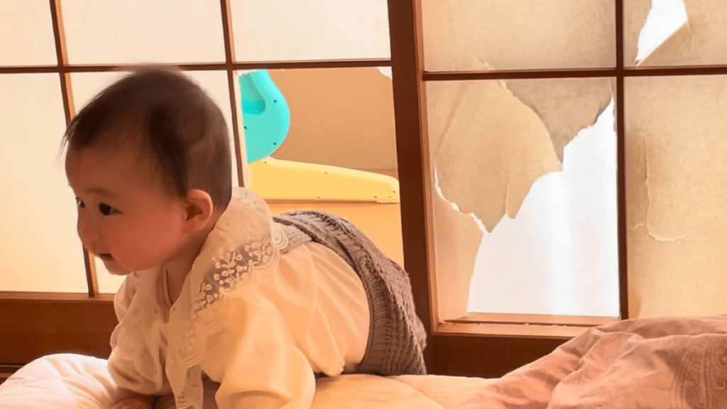 破れた障子を通り抜ける娘さん（＠babynigoさんより提供）